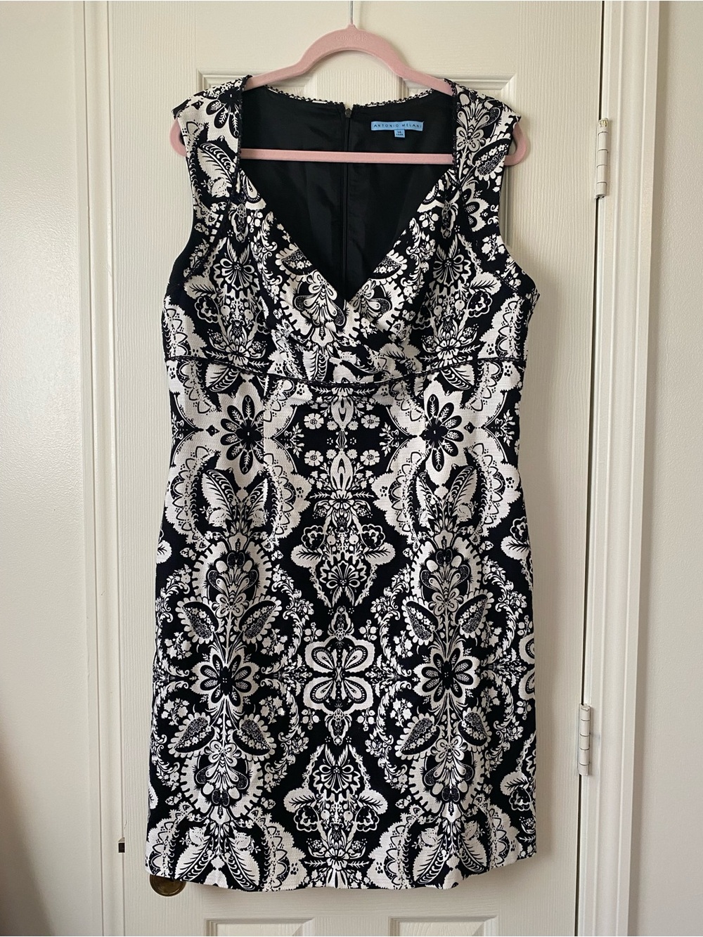 ANTONIO MELANI Black and White Floral Damask Midi Dress